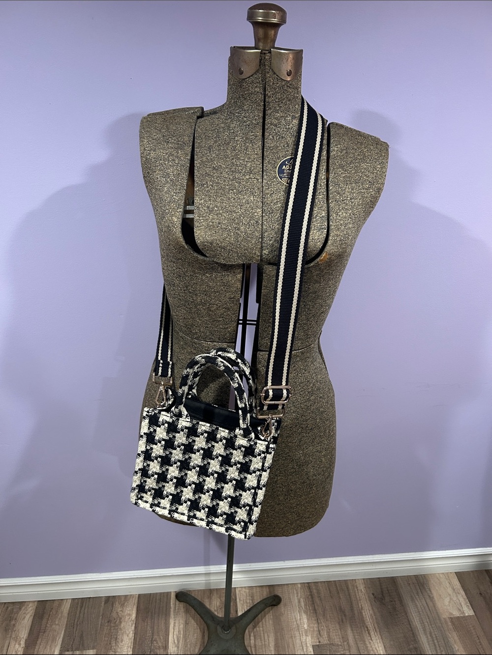 H&M Black and White Houndstooth Mini Bag with Striped Crossbody Strap